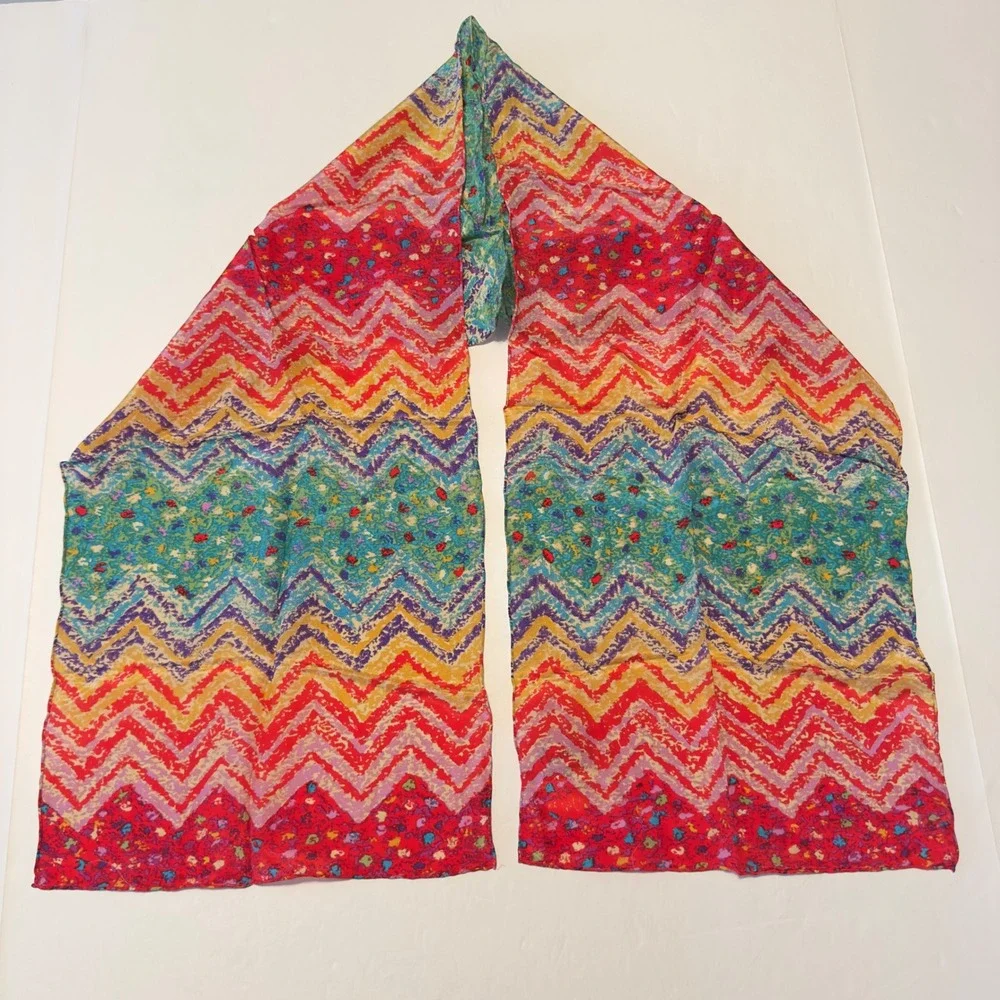 Vera The Honey Collection Silk Scarf Multicolor‎ Chevron Zigzag 50x11 Abstract